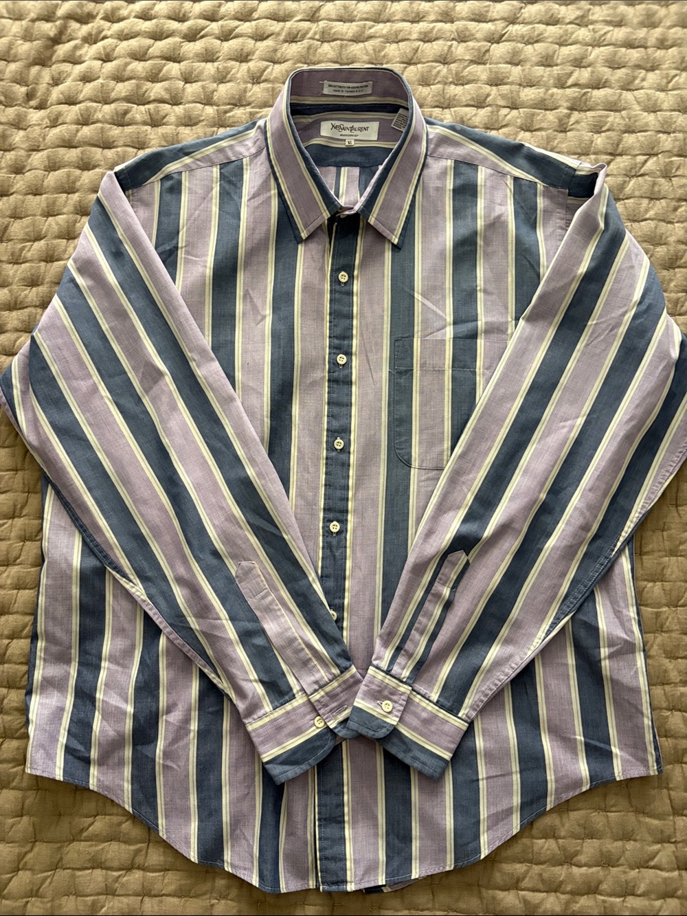 Vintage Yves Saint Laurent Lavender and Navy Vertical Stripe Dress Shirt